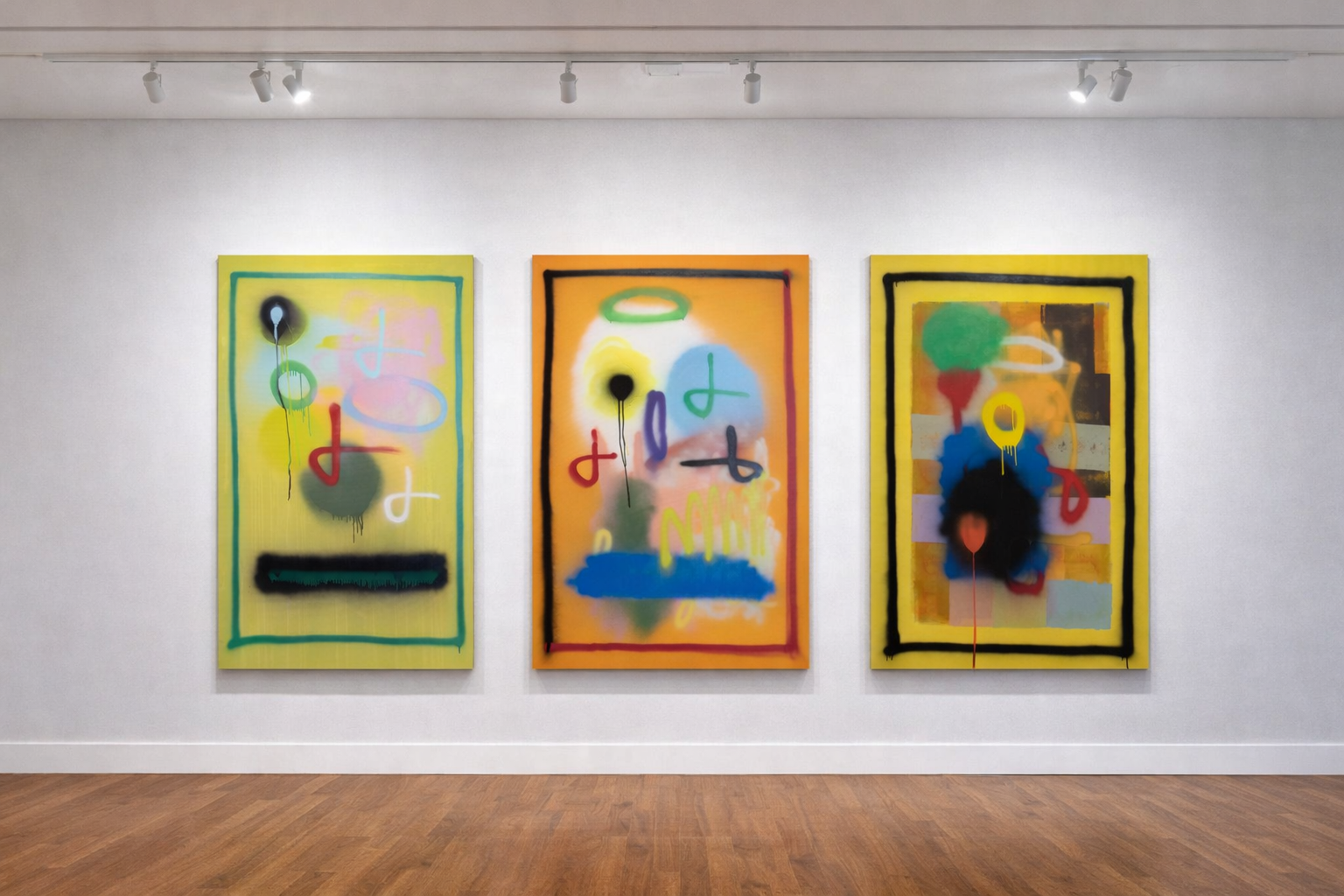 Bombolette — tre tele gialle e arancio in galleria